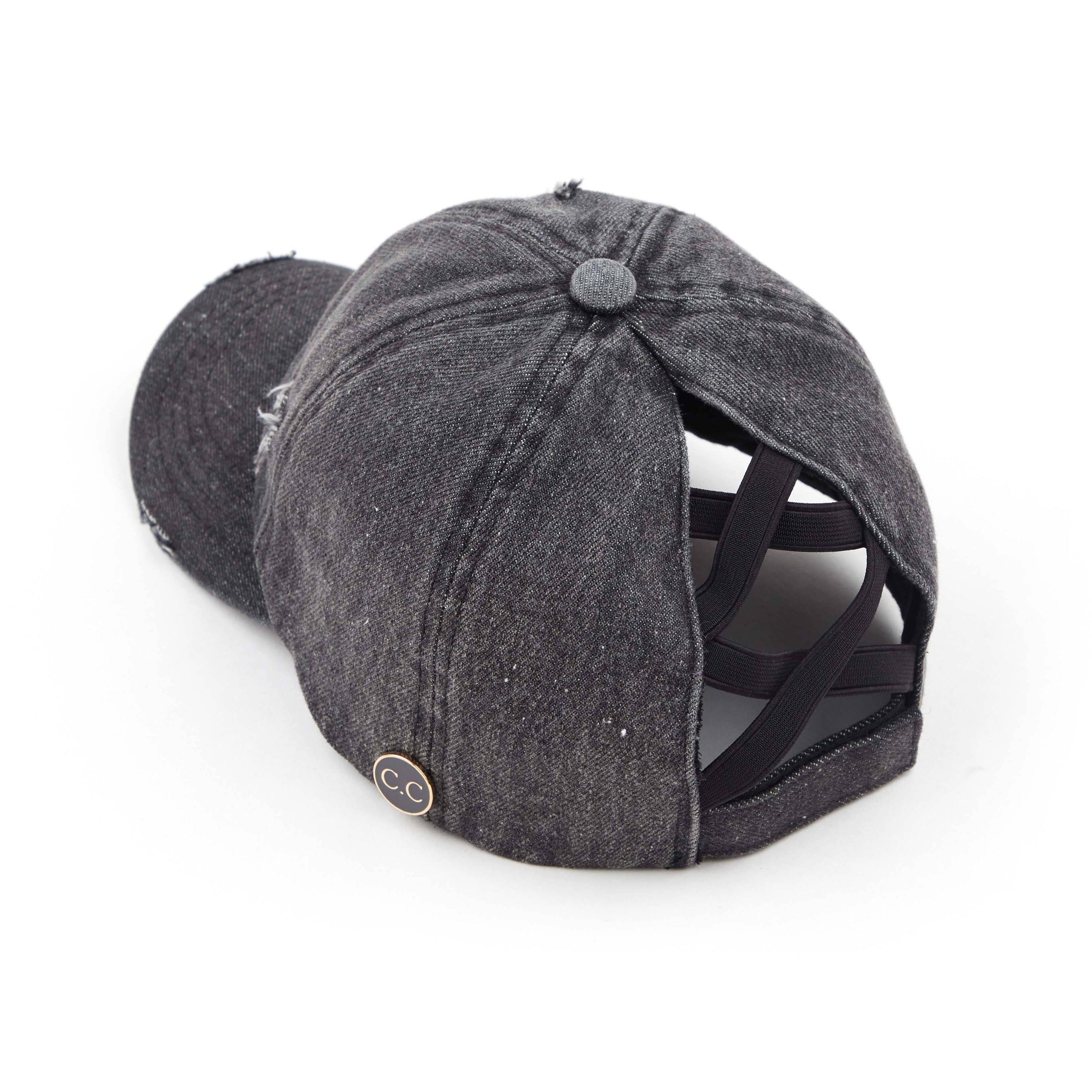 CC Cotton Hats Criss Cross Style Women Cap featuring a denim design with criss-cross back for ponytails, adjustable velcro closure, and buttons for glasses or masks.