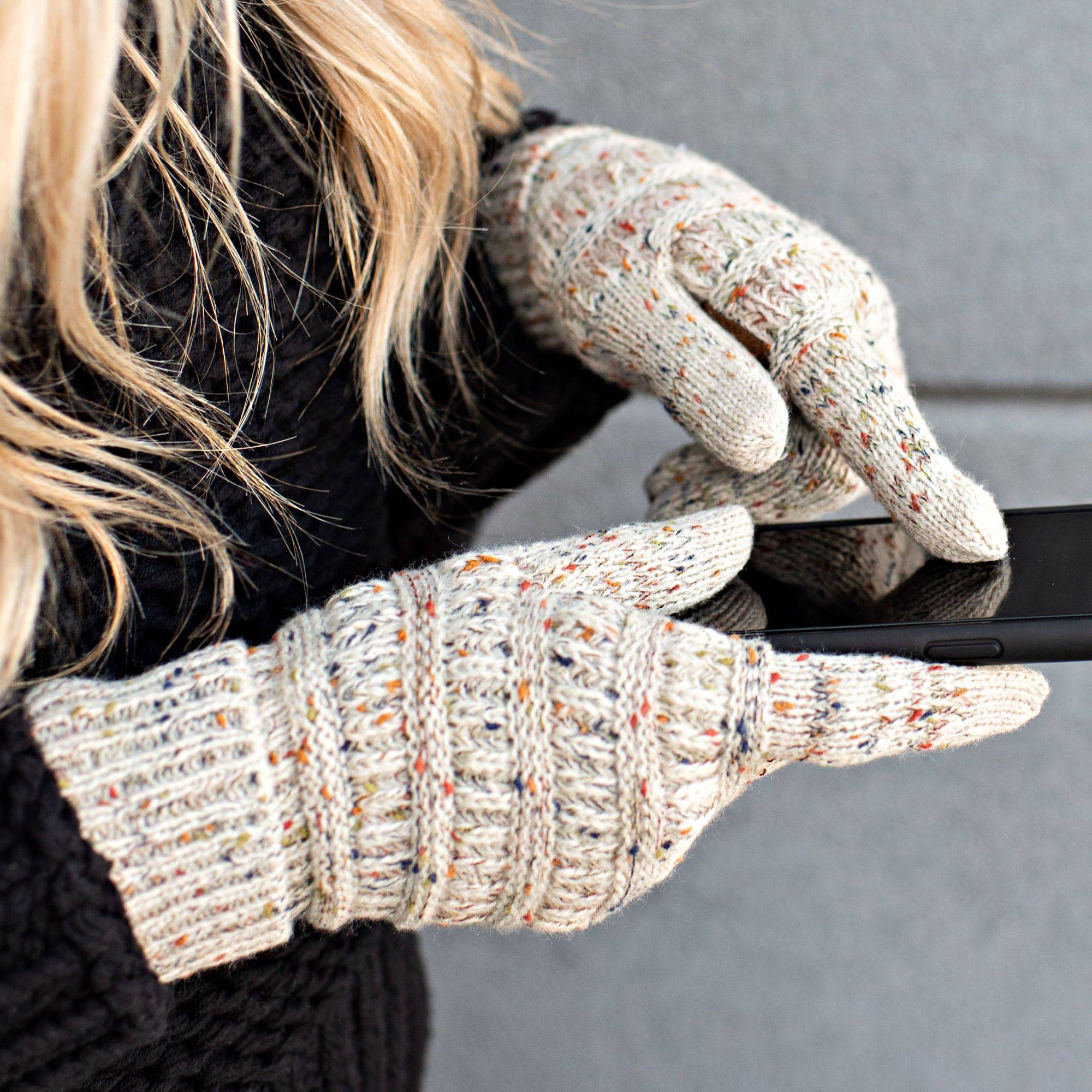 CC Cozy Confetti Tech Screen Touch Gloves in vibrant colors with cable knit design, perfect for touchscreen use.