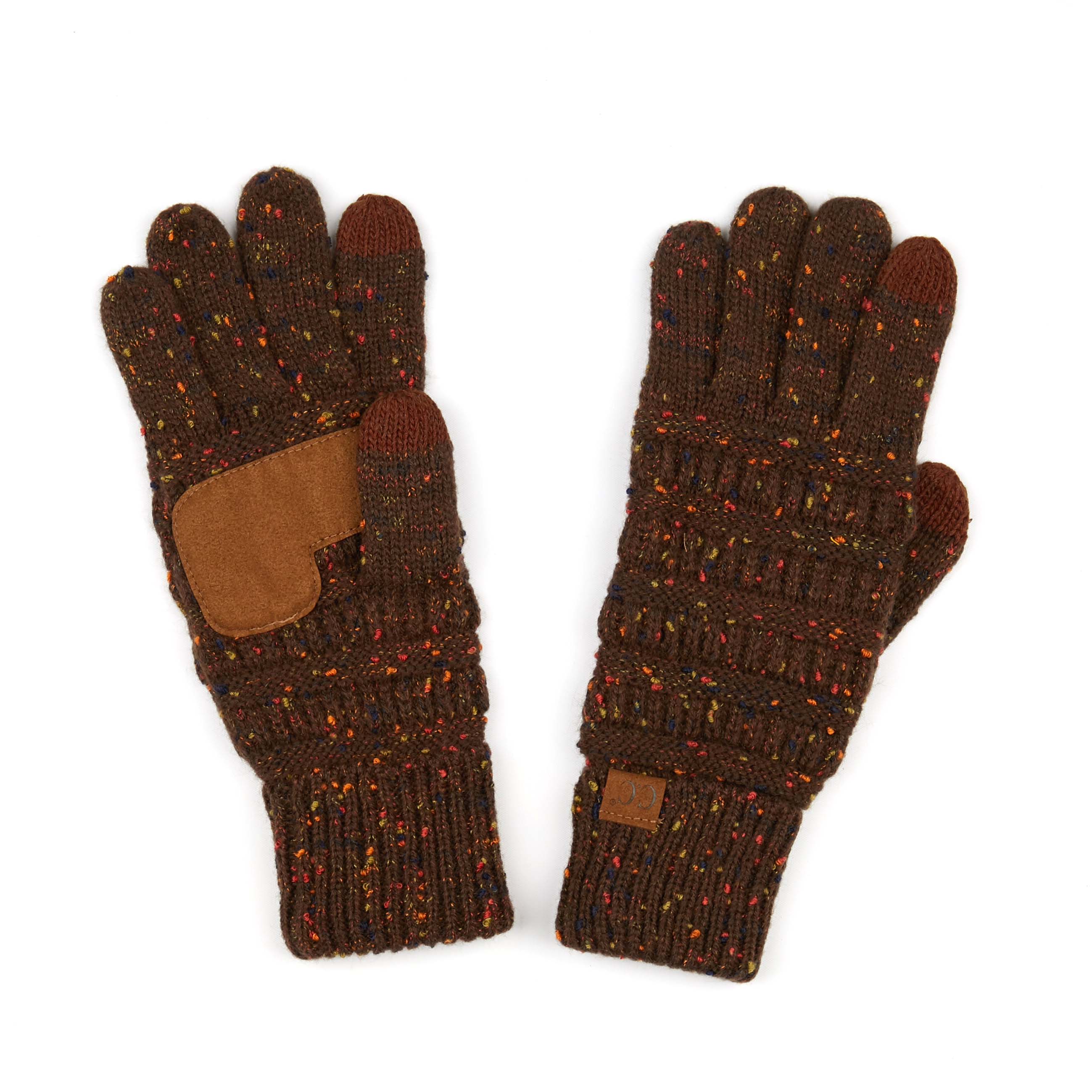 CC Cozy Confetti Tech Screen Touch Gloves in vibrant colors with cable knit design, perfect for touchscreen use.