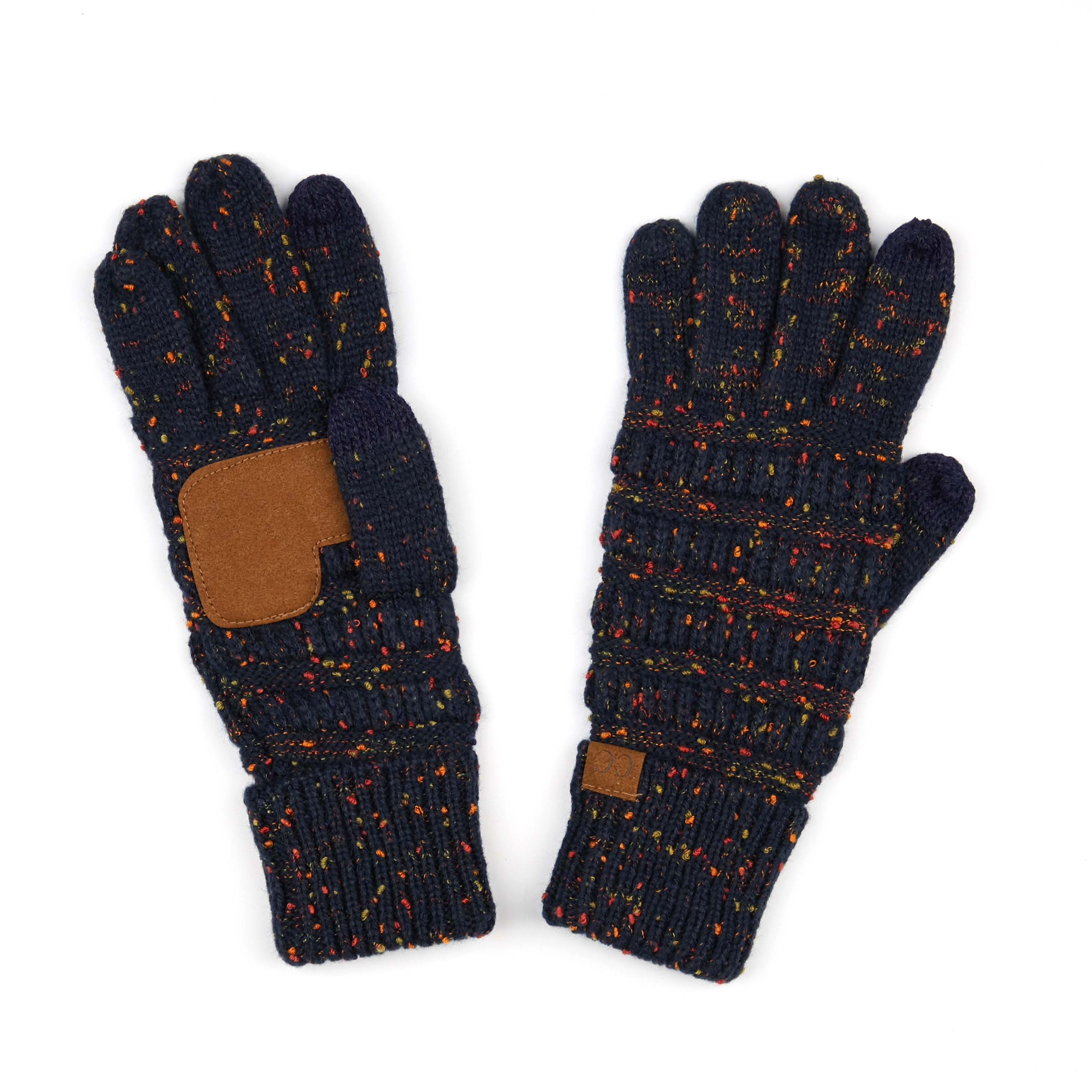 CC Cozy Confetti Tech Screen Touch Gloves in vibrant colors with cable knit design, perfect for touchscreen use.