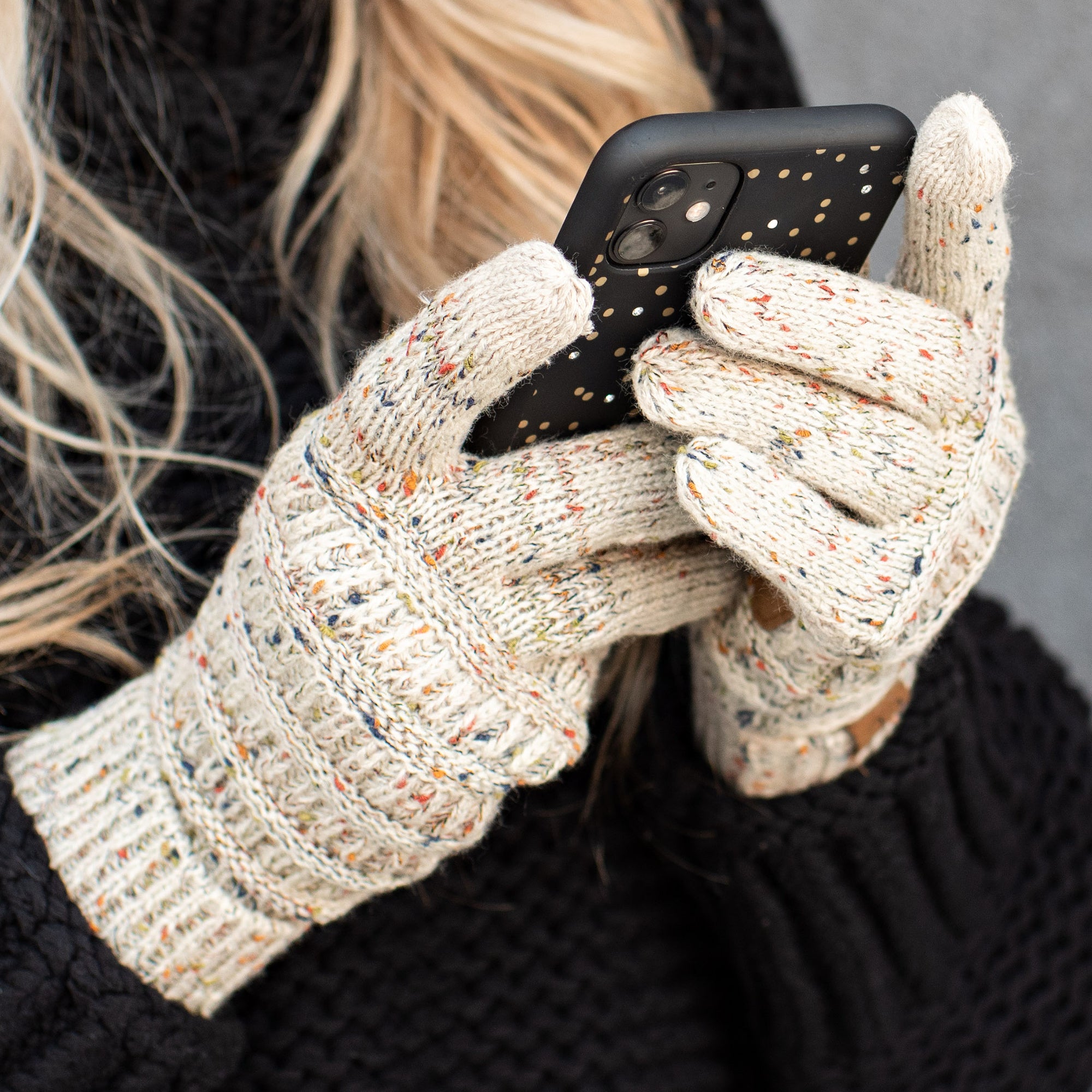 CC Cozy Confetti Tech Screen Touch Gloves in vibrant colors with cable knit design, perfect for touchscreen use.