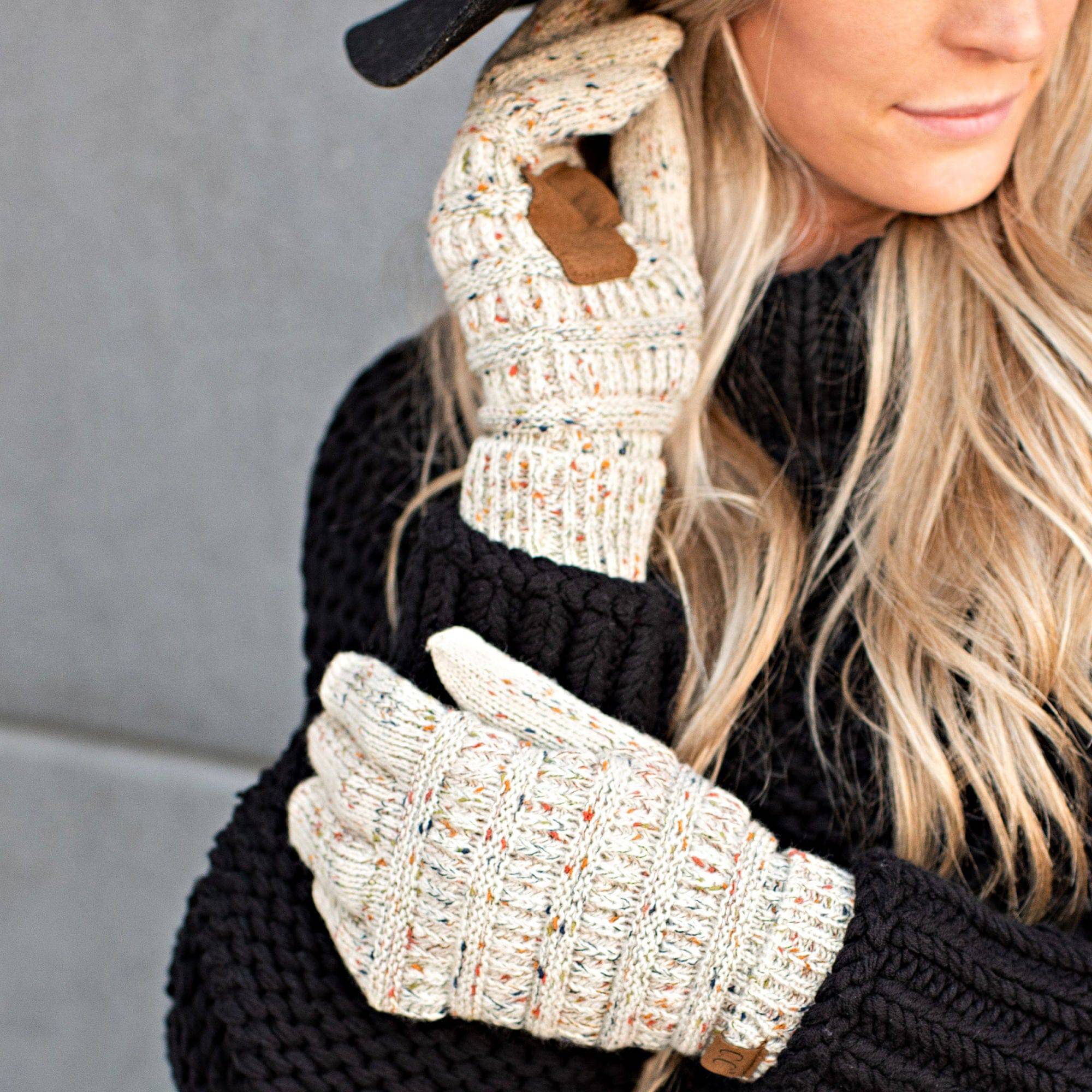 CC Cozy Confetti Tech Screen Touch Gloves in vibrant colors with cable knit design, perfect for touchscreen use.