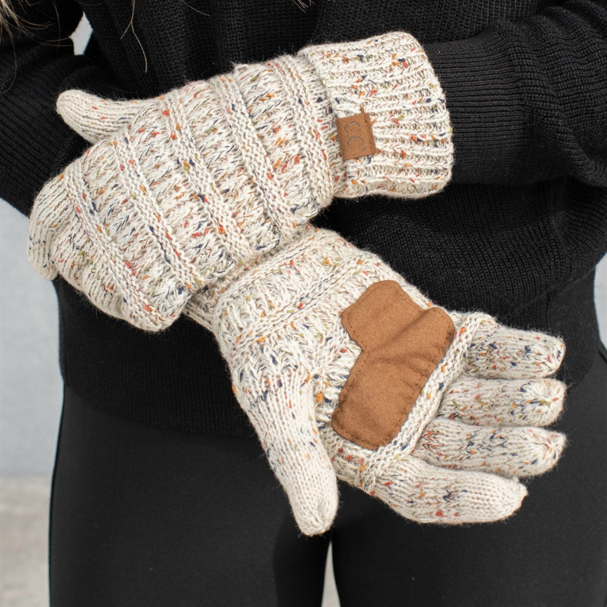 CC Cozy Confetti Tech Screen Touch Gloves in vibrant colors with cable knit design, perfect for touchscreen use.