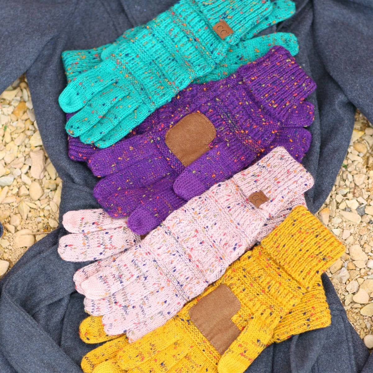 CC Cozy Confetti Tech Screen Touch Gloves in vibrant colors with cable knit design, perfect for touchscreen use.