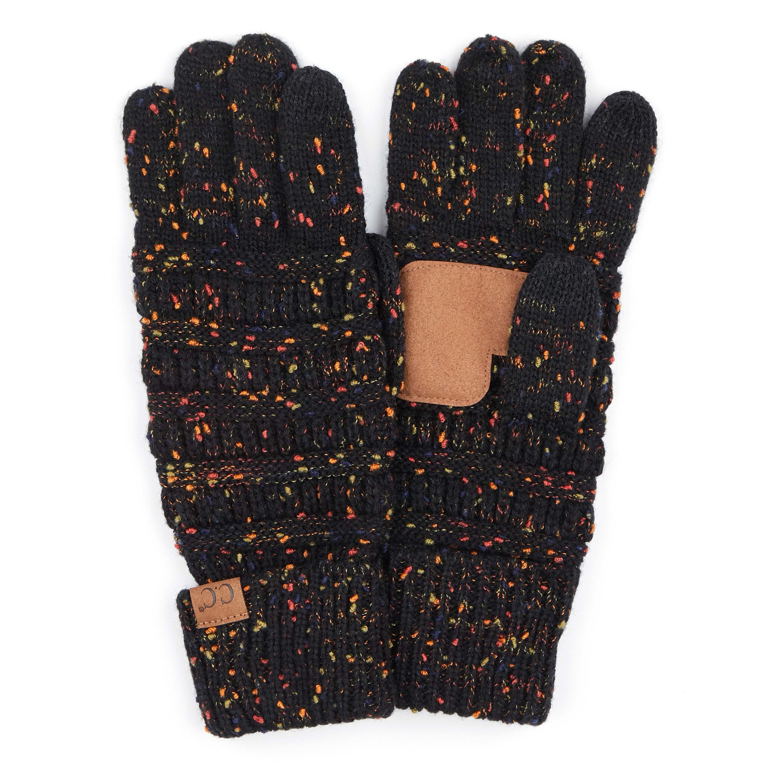 CC Cozy Confetti Tech Screen Touch Gloves in vibrant colors with cable knit design, perfect for touchscreen use.