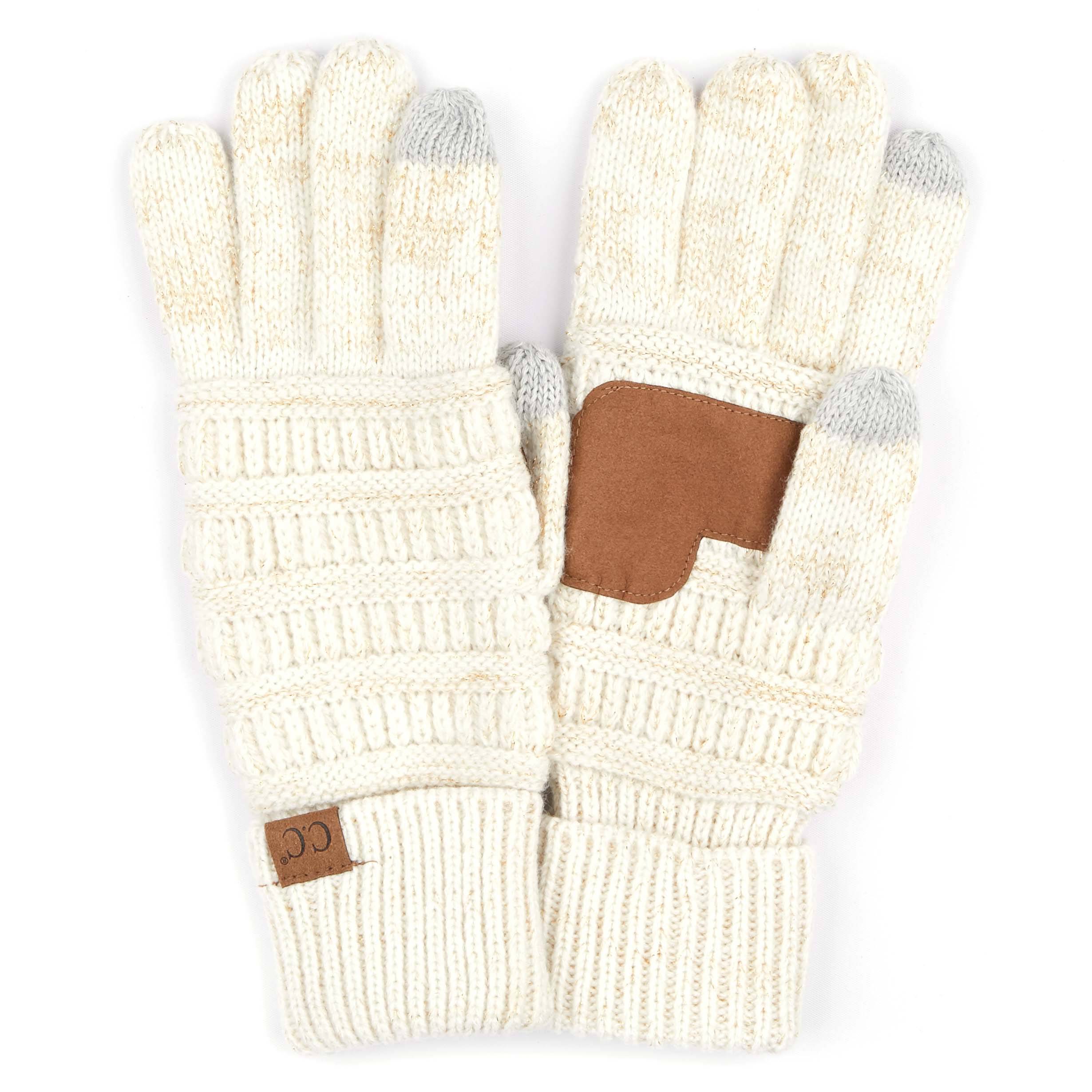 CC Cozy Metallic Tech Screen Gloves featuring a stylish metallic design and cable knit texture, perfect for touchscreen use.