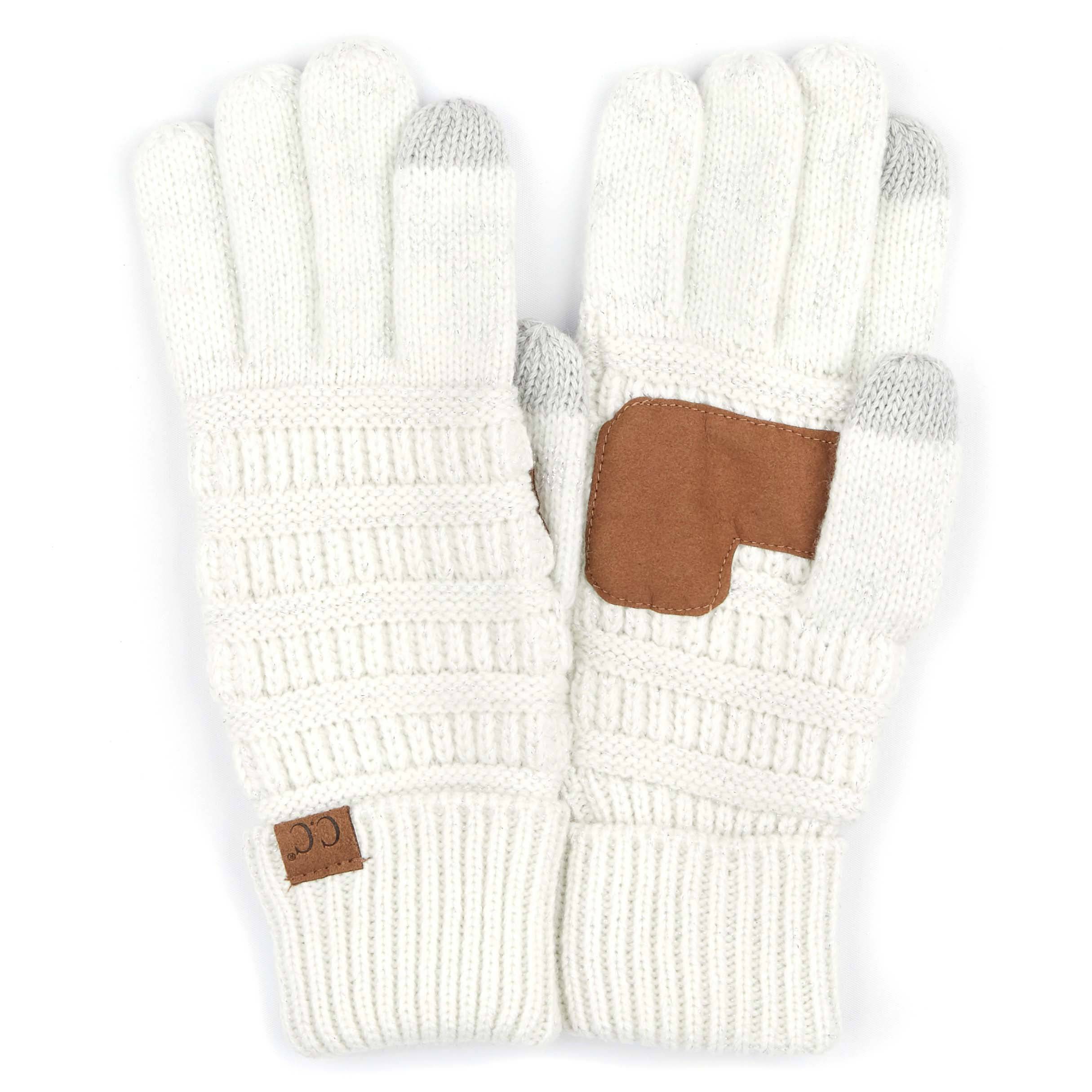 CC Cozy Metallic Tech Screen Gloves featuring a stylish metallic design and cable knit texture, perfect for touchscreen use.