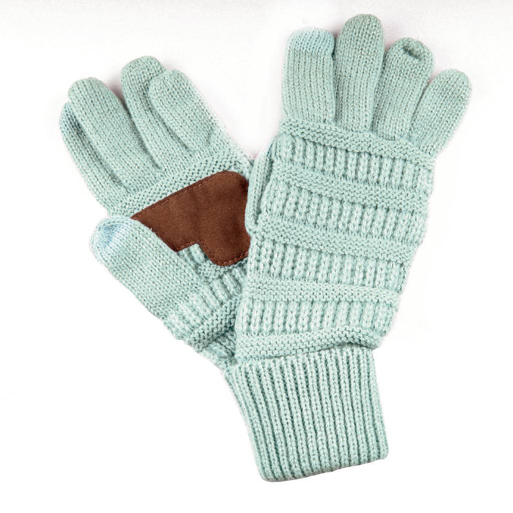 CC Cozy Metallic Tech Screen Gloves featuring a stylish metallic design and cable knit texture, perfect for touchscreen use.