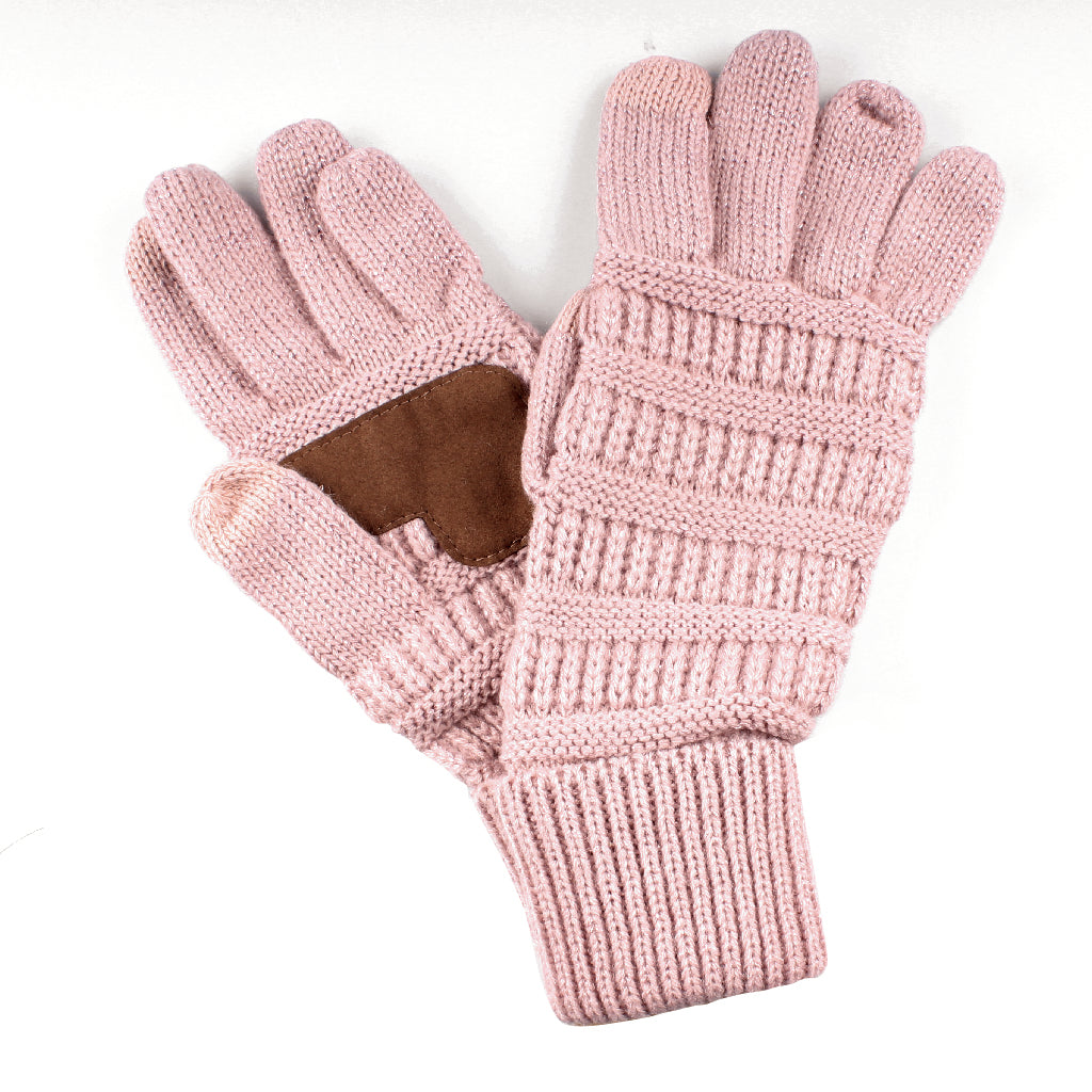 CC Cozy Metallic Tech Screen Gloves featuring a stylish metallic design and cable knit texture, perfect for touchscreen use.