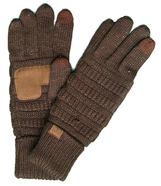 CC Cozy Metallic Tech Screen Gloves featuring a stylish metallic design and cable knit texture, perfect for touchscreen use.