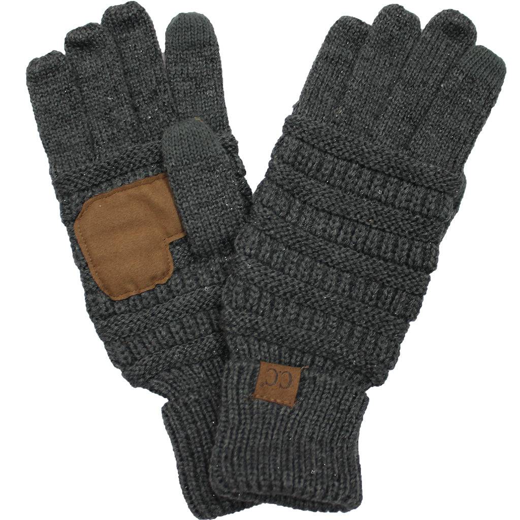 CC Cozy Metallic Tech Screen Gloves featuring a stylish metallic design and cable knit texture, perfect for touchscreen use.