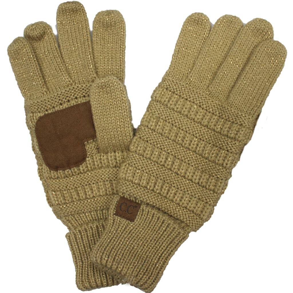 CC Cozy Metallic Tech Screen Gloves featuring a stylish metallic design and cable knit texture, perfect for touchscreen use.