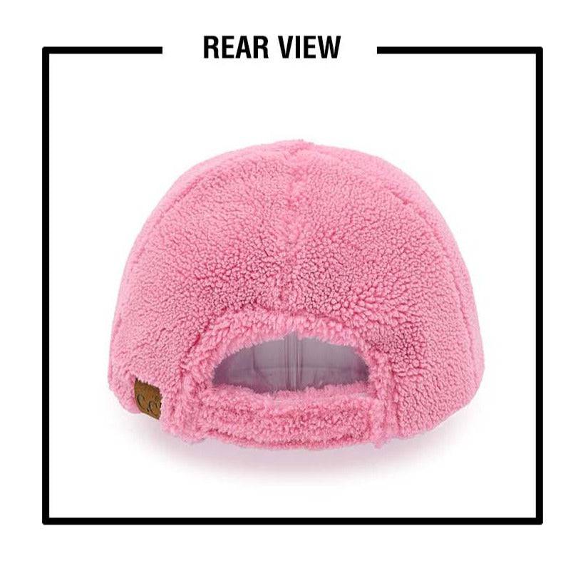 CC Cozy Sherpa Cap featuring soft sherpa material and adjustable velcro strap, suitable for youth and adults.