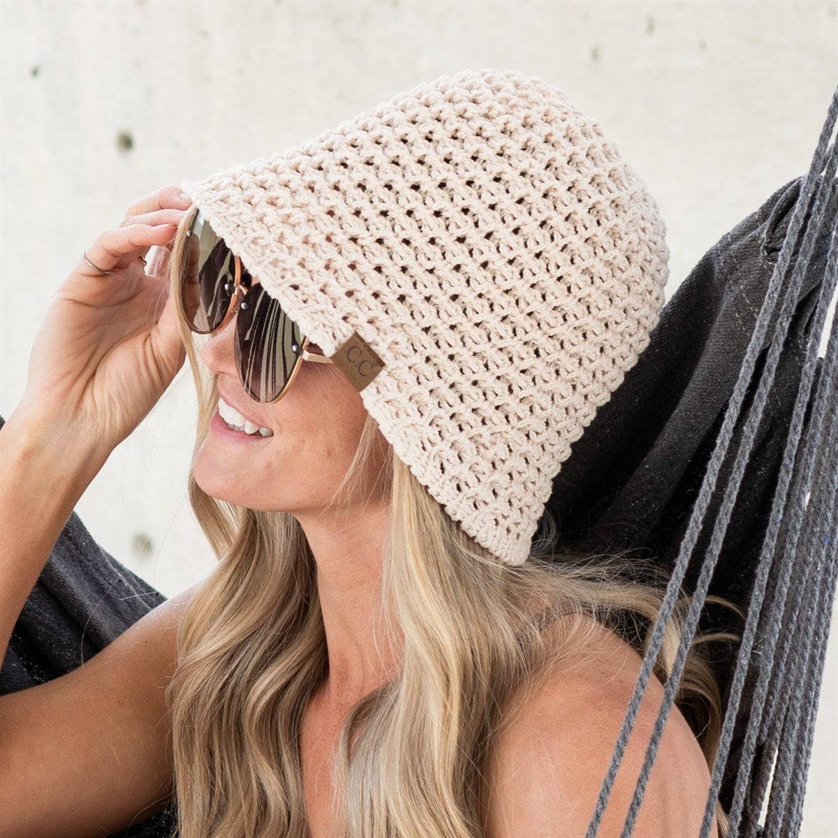 CC Crochet Knit Hat in basketweave pattern, lightweight and foldable, perfect for outdoor activities.