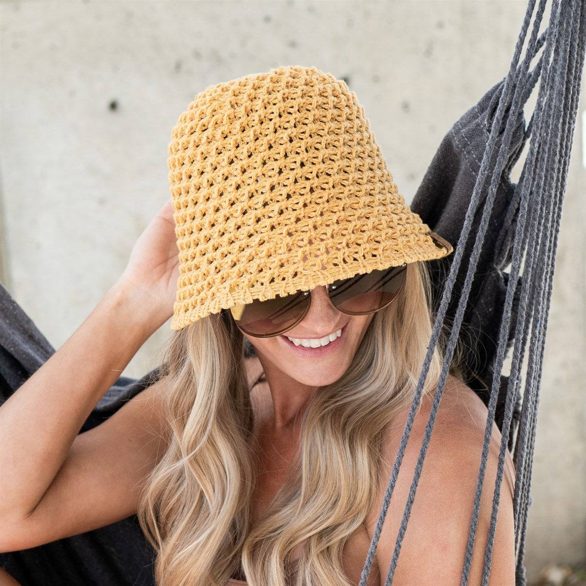 CC Crochet Knit Hat in basketweave pattern, lightweight and foldable, perfect for outdoor activities.