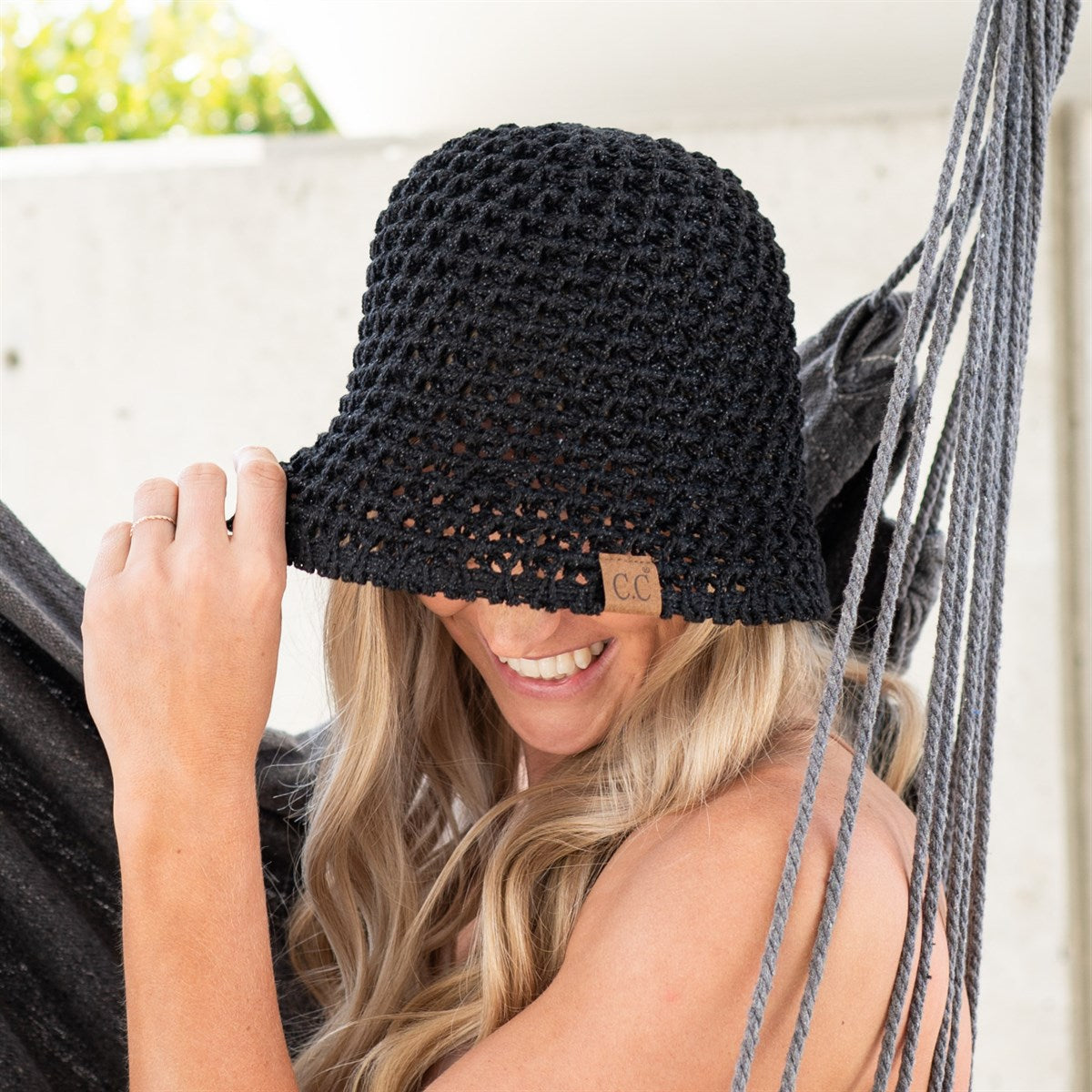 CC Crochet Knit Hat in basketweave pattern, lightweight and foldable, perfect for outdoor activities.