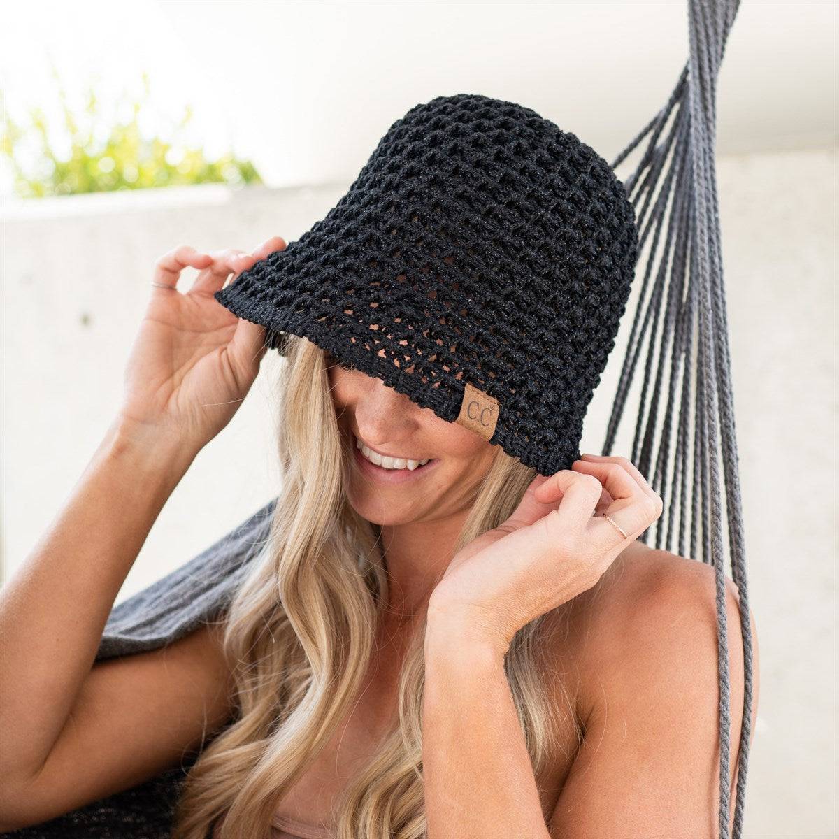 CC Crochet Knit Hat in basketweave pattern, lightweight and foldable, perfect for outdoor activities.