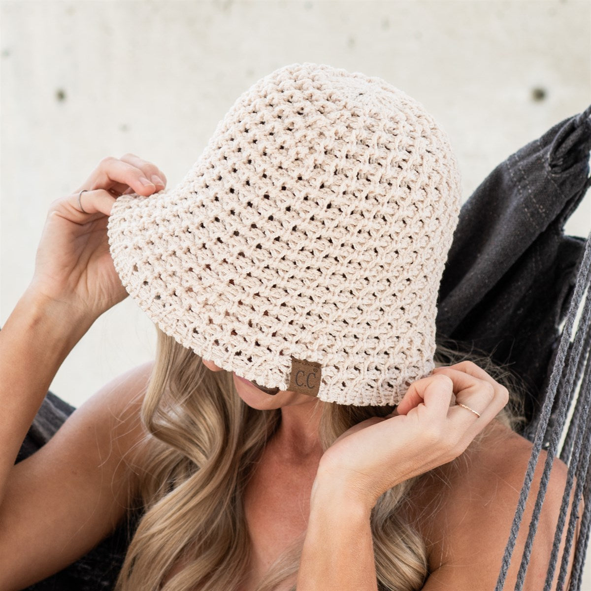 CC Crochet Knit Hat in basketweave pattern, lightweight and foldable, perfect for outdoor activities.