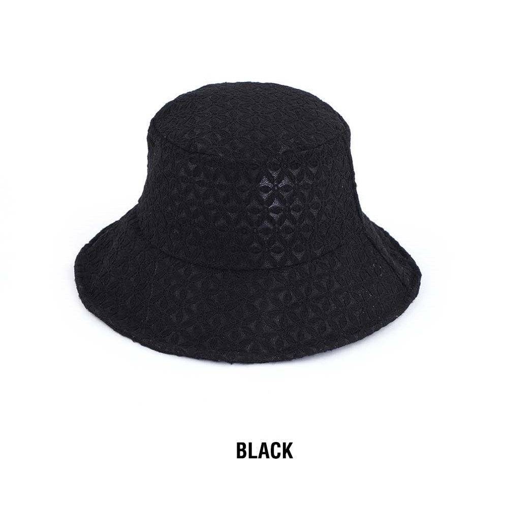 CC Eyelet Knit Bucket Hat featuring a stylish lace eyelet pattern, adjustable fit, and foldable design for travel.