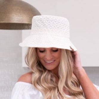 CC Eyelet Knit Bucket Hat featuring a stylish lace eyelet pattern, adjustable fit, and foldable design for travel.