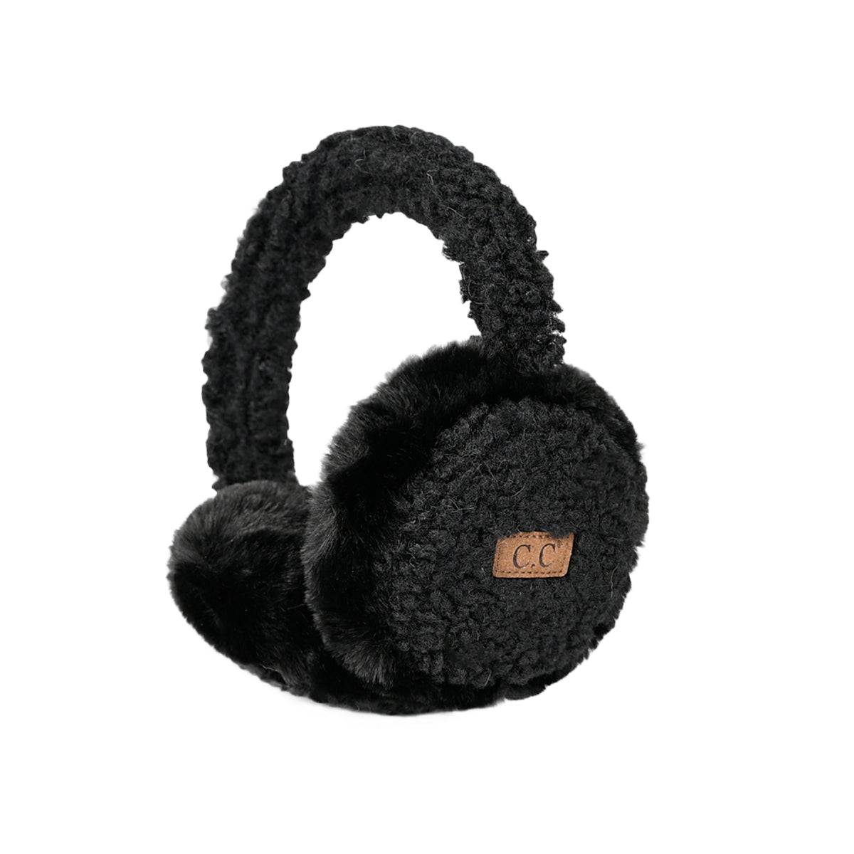 CC Faux Fur Sherpa Earmuffs featuring soft faux fur lining, adjustable design, and authentic C.C branding, suitable for adults and kids.