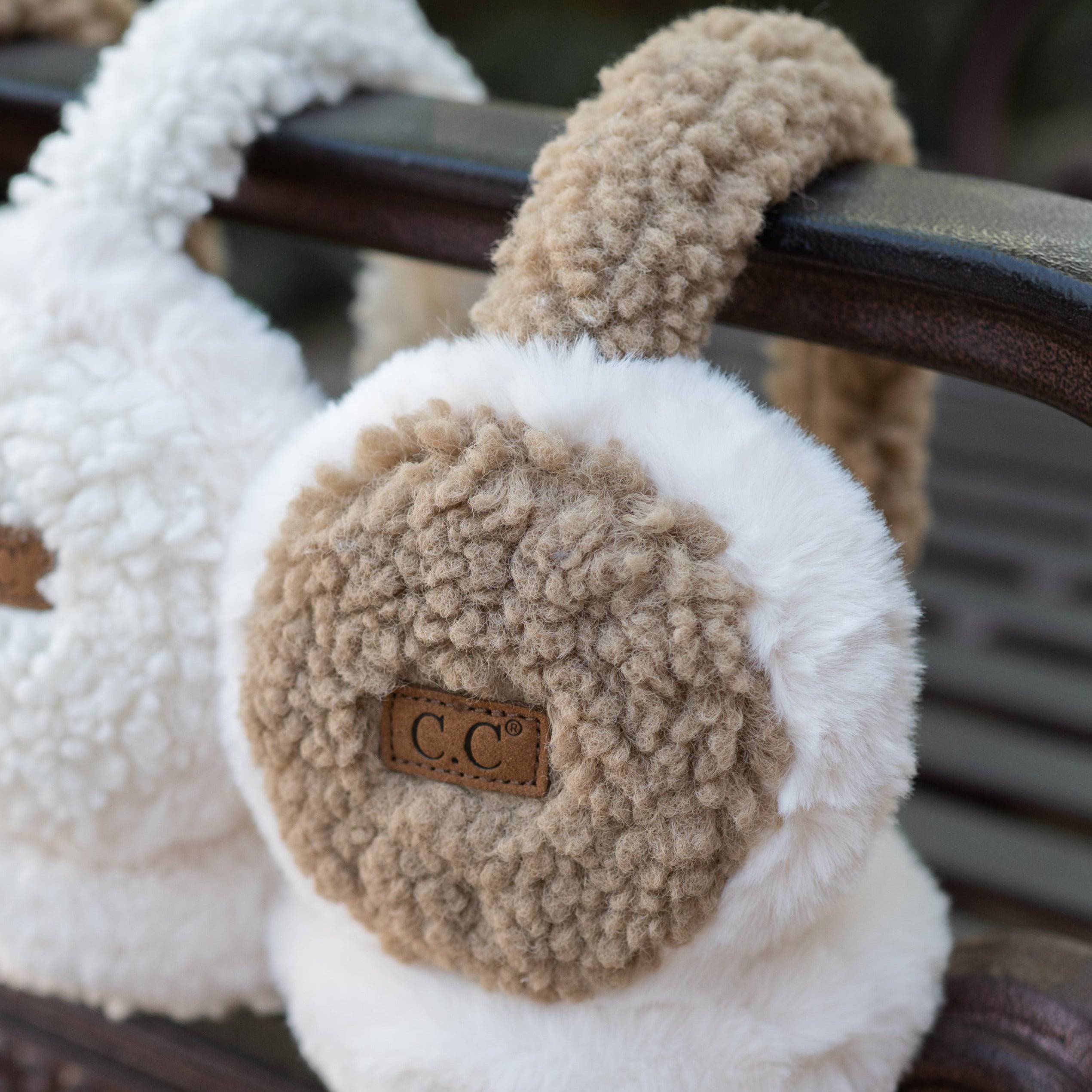 CC Faux Fur Sherpa Earmuffs featuring soft faux fur lining, adjustable design, and authentic C.C branding, suitable for adults and kids.