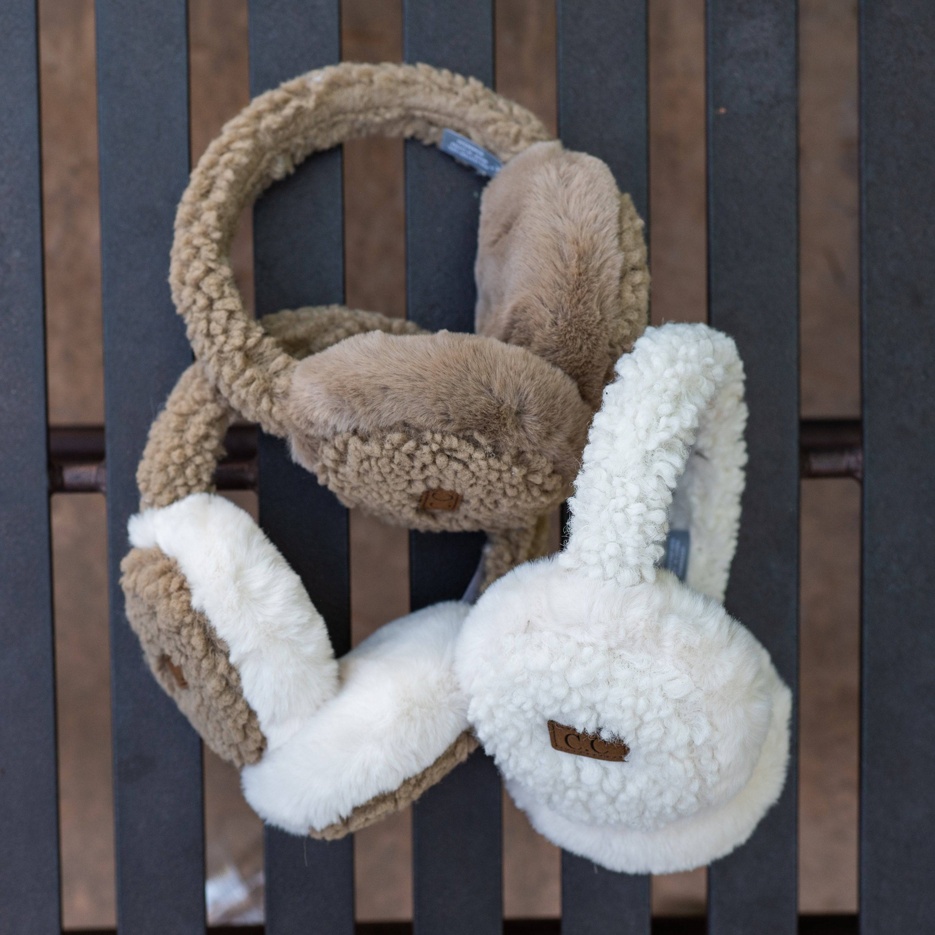 CC Faux Fur Sherpa Earmuffs featuring soft faux fur lining, adjustable design, and authentic C.C branding, suitable for adults and kids.