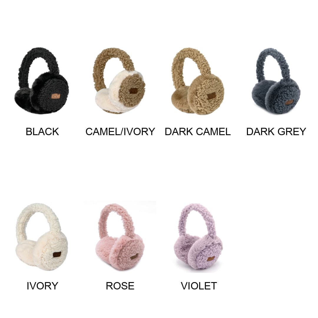 CC Faux Fur Sherpa Earmuffs featuring soft faux fur lining, adjustable design, and authentic C.C branding, suitable for adults and kids.