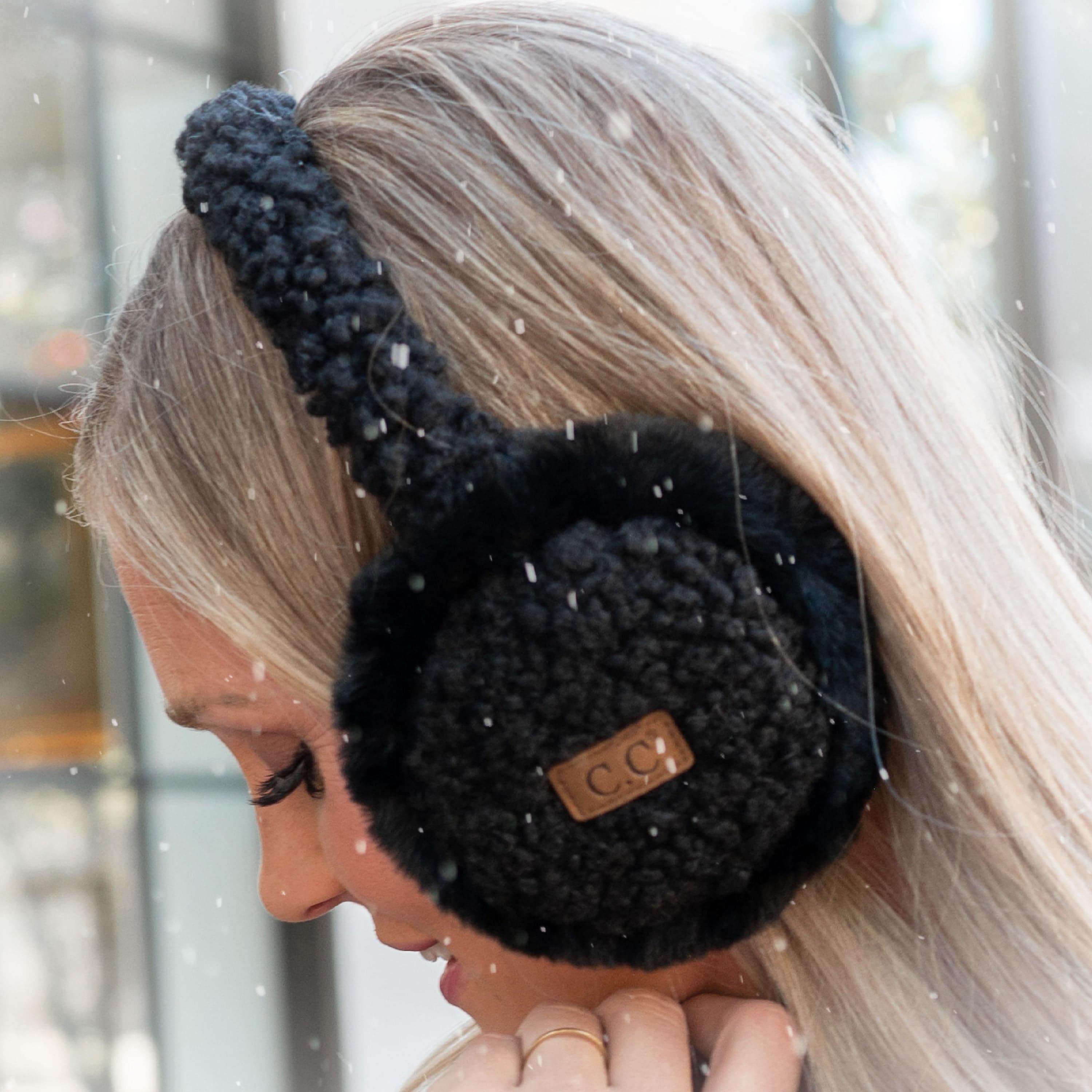 CC Faux Fur Sherpa Earmuffs featuring soft faux fur lining, adjustable design, and authentic C.C branding, suitable for adults and kids.