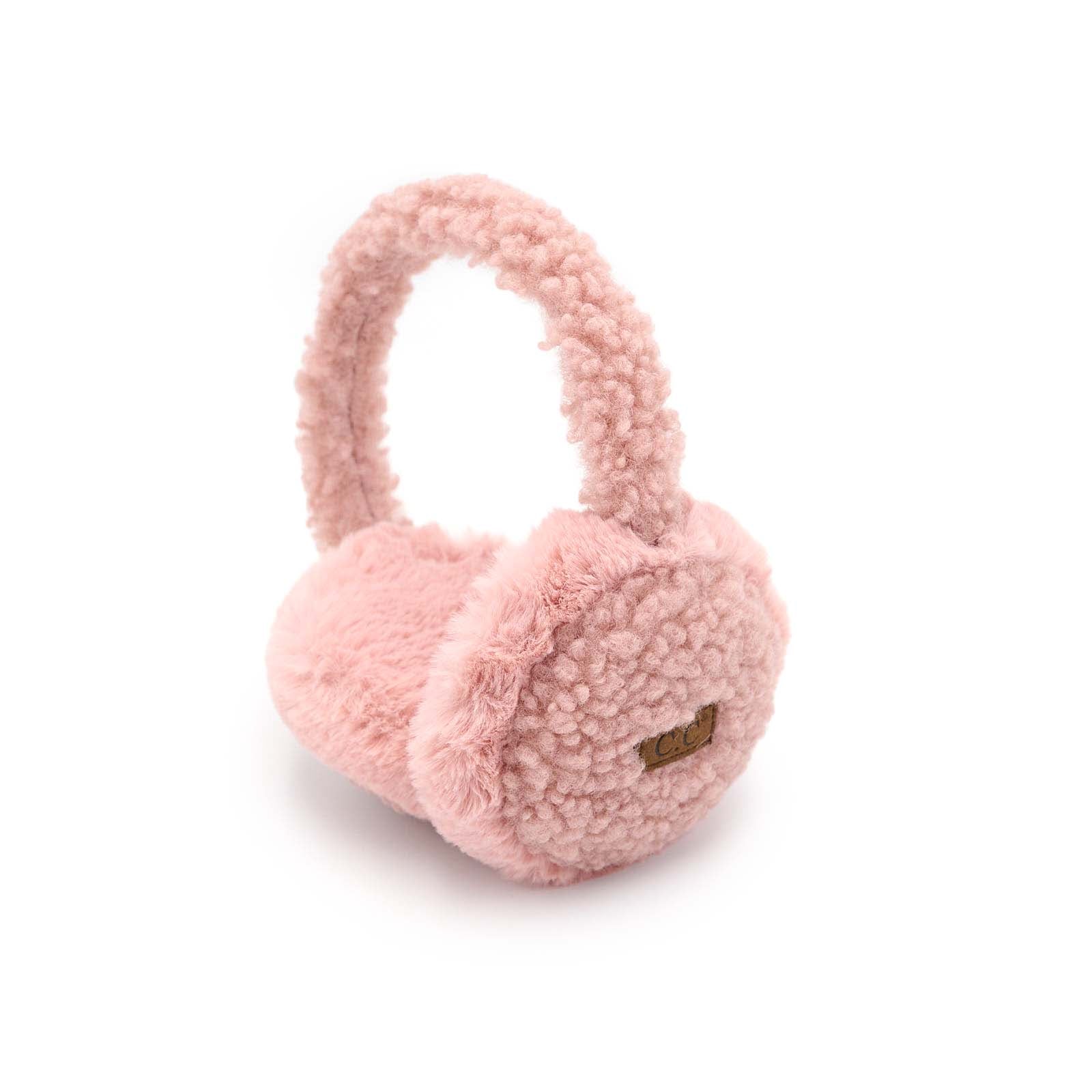 CC Faux Fur Sherpa Earmuffs featuring soft faux fur lining, adjustable design, and authentic C.C branding, suitable for adults and kids.