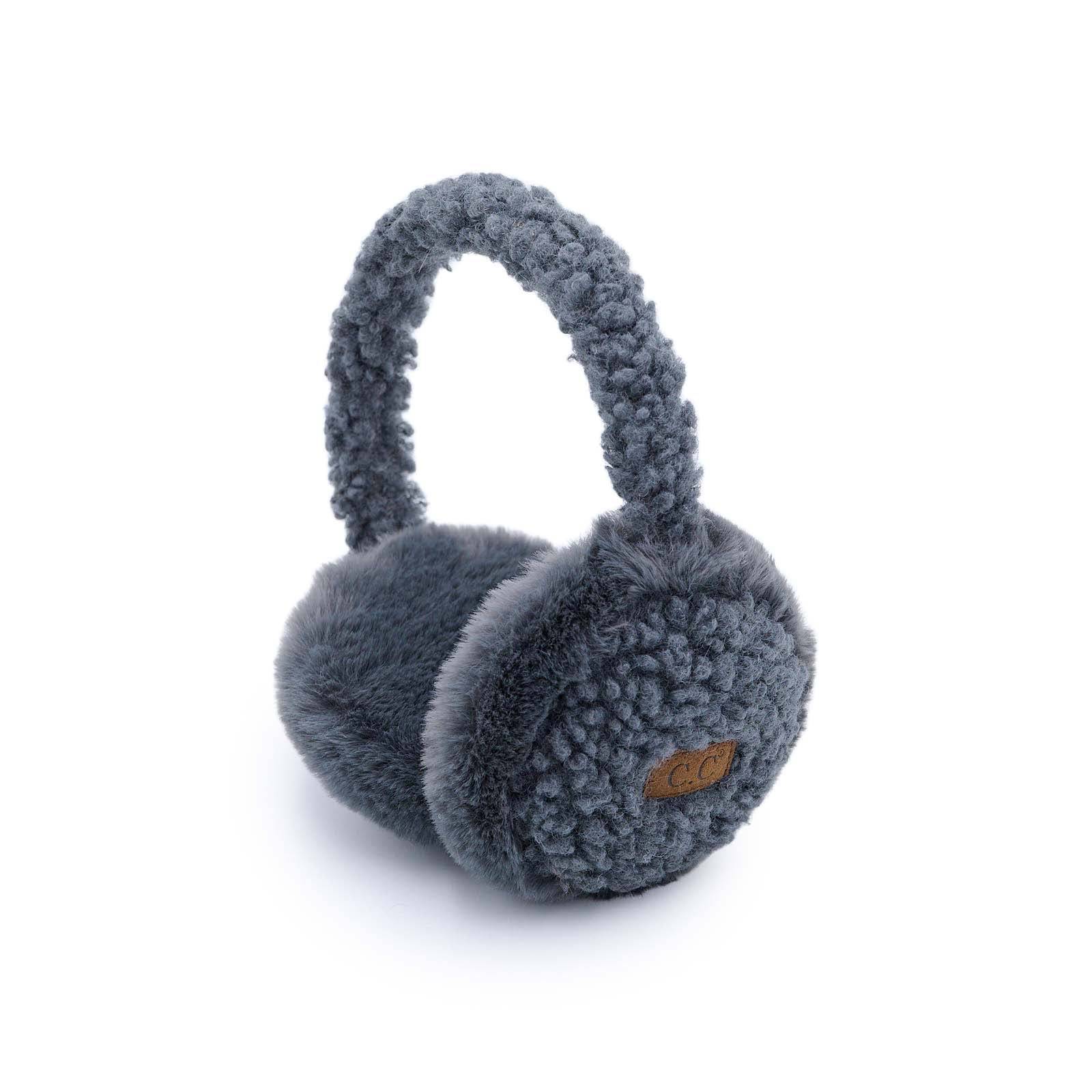 CC Faux Fur Sherpa Earmuffs featuring soft faux fur lining, adjustable design, and authentic C.C branding, suitable for adults and kids.