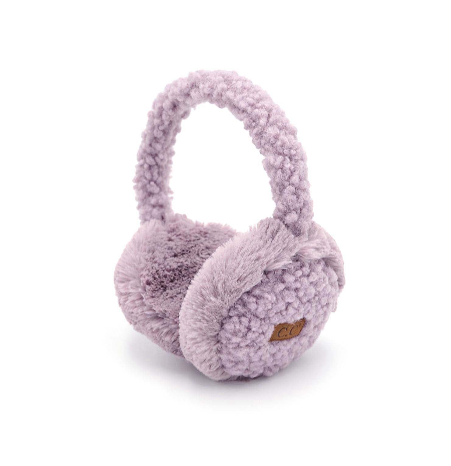 CC Faux Fur Sherpa Earmuffs featuring soft faux fur lining, adjustable design, and authentic C.C branding, suitable for adults and kids.