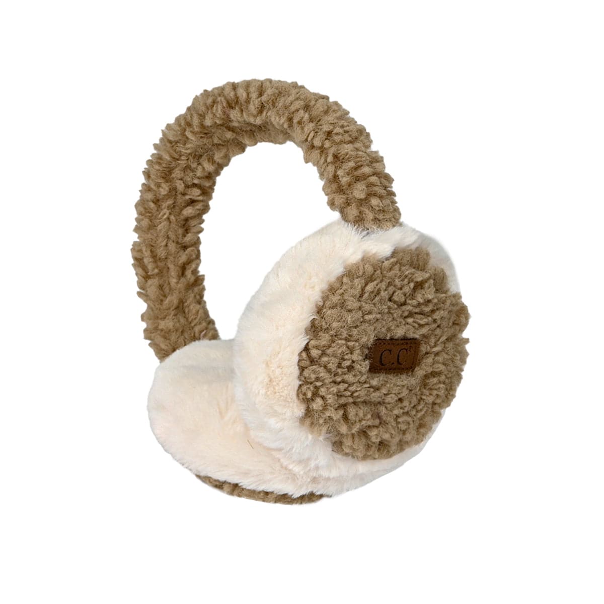 CC Faux Fur Sherpa Earmuffs featuring soft faux fur lining, adjustable design, and authentic C.C branding, suitable for adults and kids.