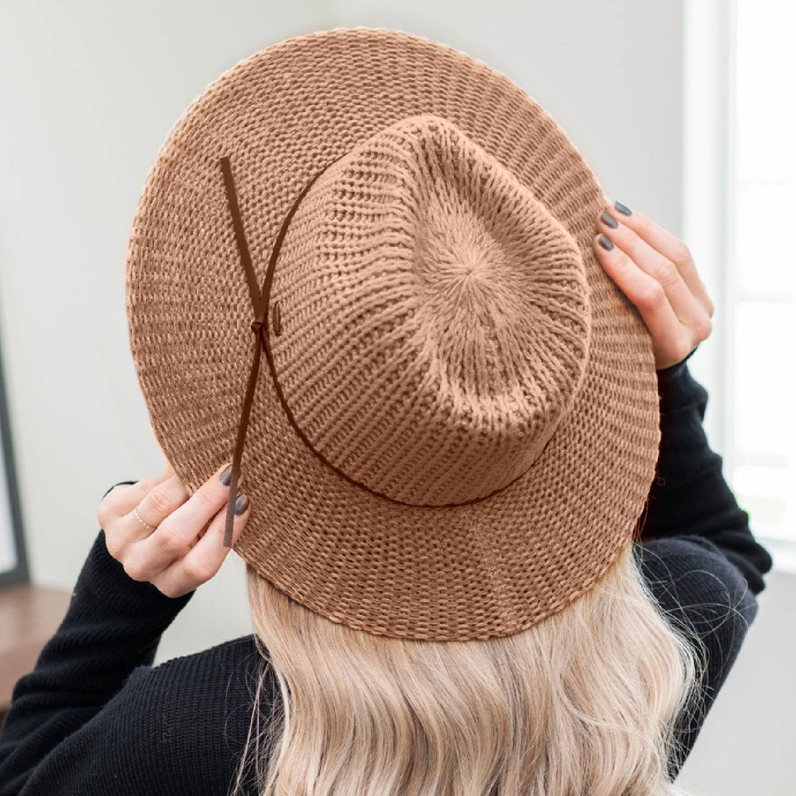 Stylish CC Fedora Knitted Hat in various colors, showcasing its adjustable inner band and lightweight design.