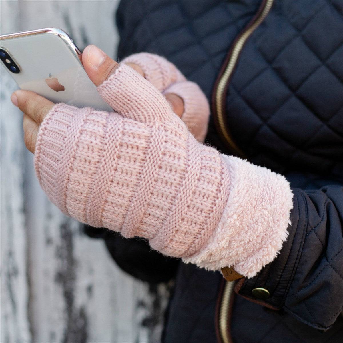 C.C Fingerless Gloves in various colors with faux fur lining, showcasing a stylish cable knit design.