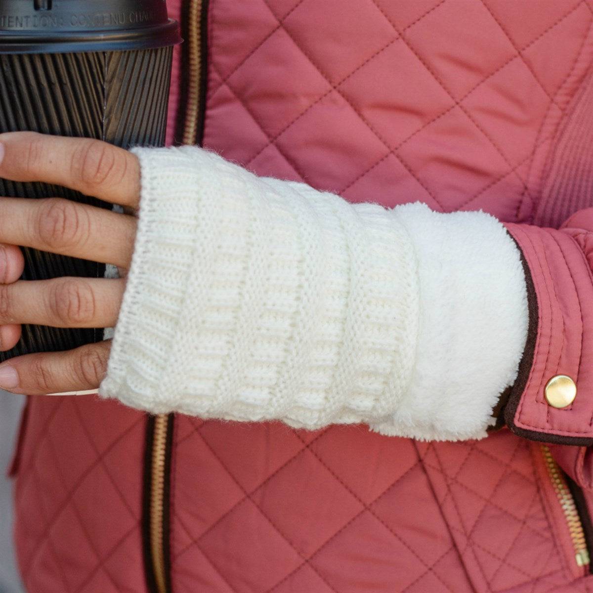 C.C Fingerless Gloves in various colors with faux fur lining, showcasing a stylish cable knit design.