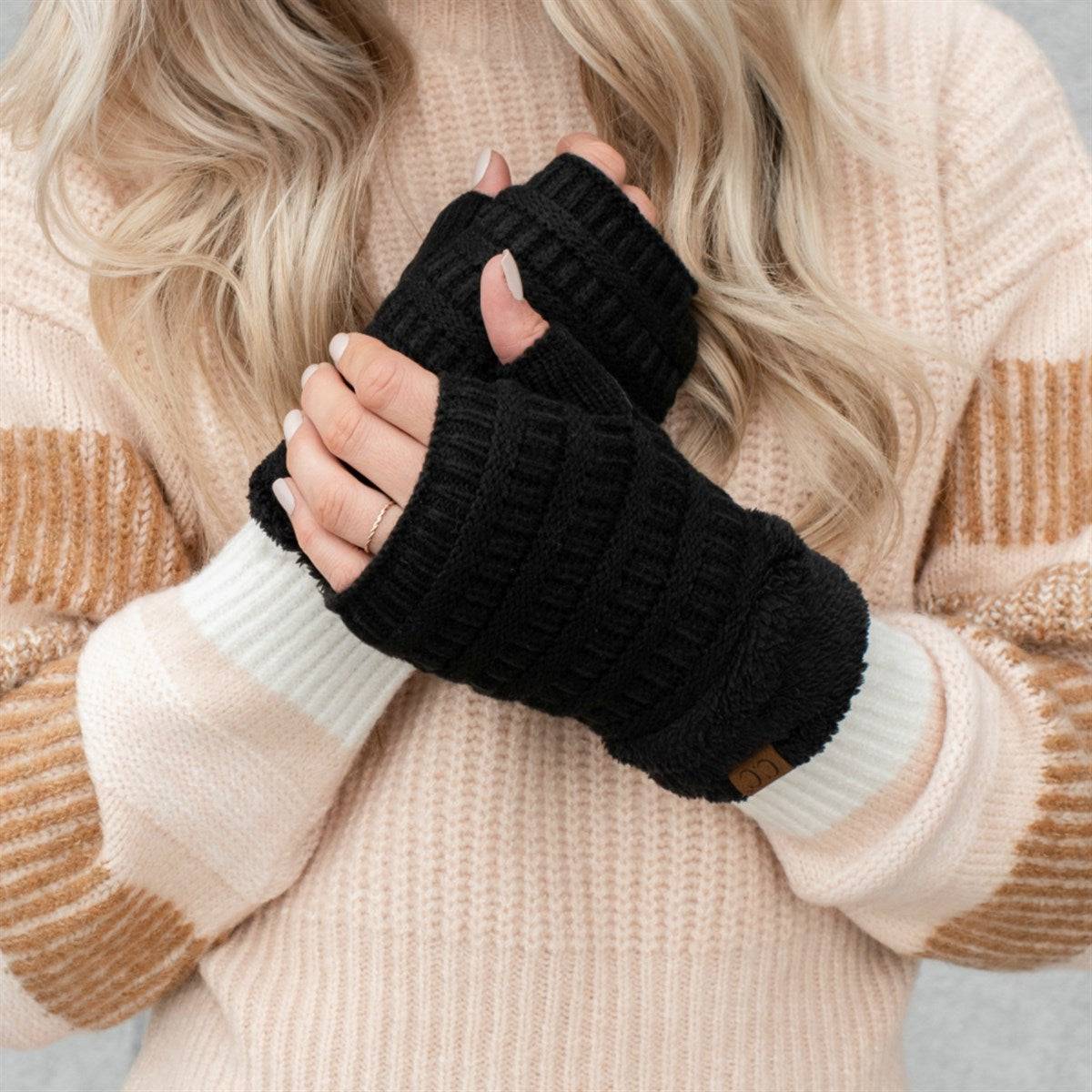 C.C Fingerless Gloves in various colors with faux fur lining, showcasing a stylish cable knit design.