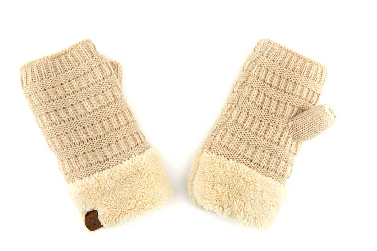 C.C Fingerless Gloves in various colors with faux fur lining, showcasing a stylish cable knit design.