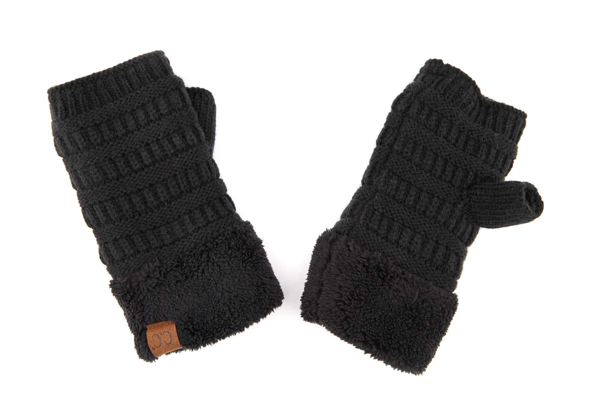 C.C Fingerless Gloves in various colors with faux fur lining, showcasing a stylish cable knit design.