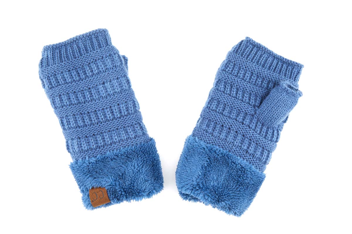 C.C Fingerless Gloves in various colors with faux fur lining, showcasing a stylish cable knit design.