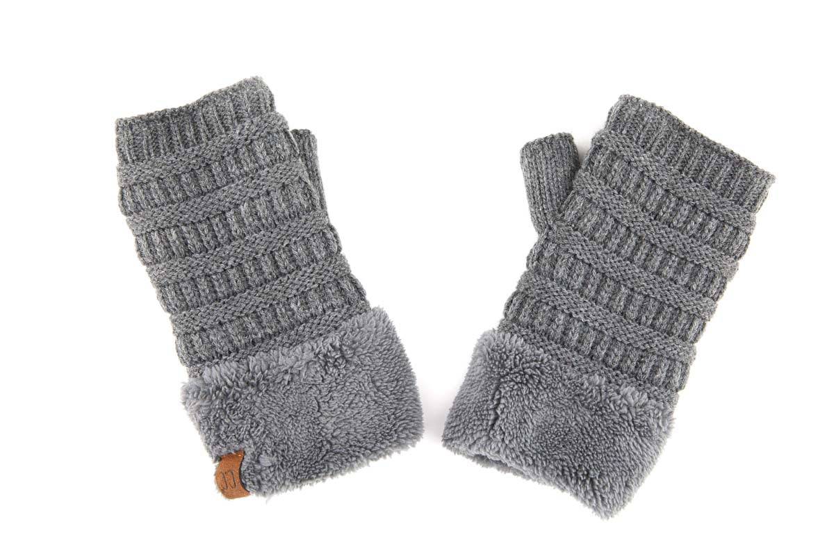 C.C Fingerless Gloves in various colors with faux fur lining, showcasing a stylish cable knit design.