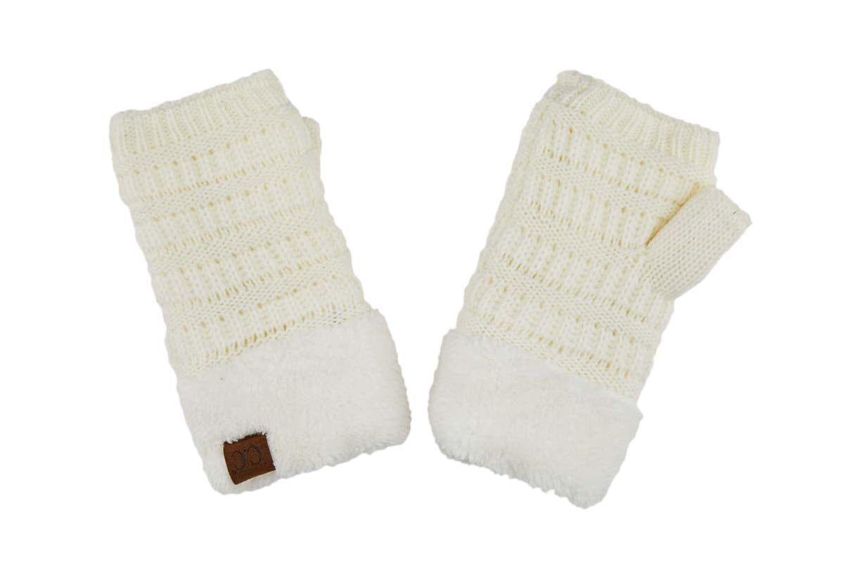 C.C Fingerless Gloves in various colors with faux fur lining, showcasing a stylish cable knit design.