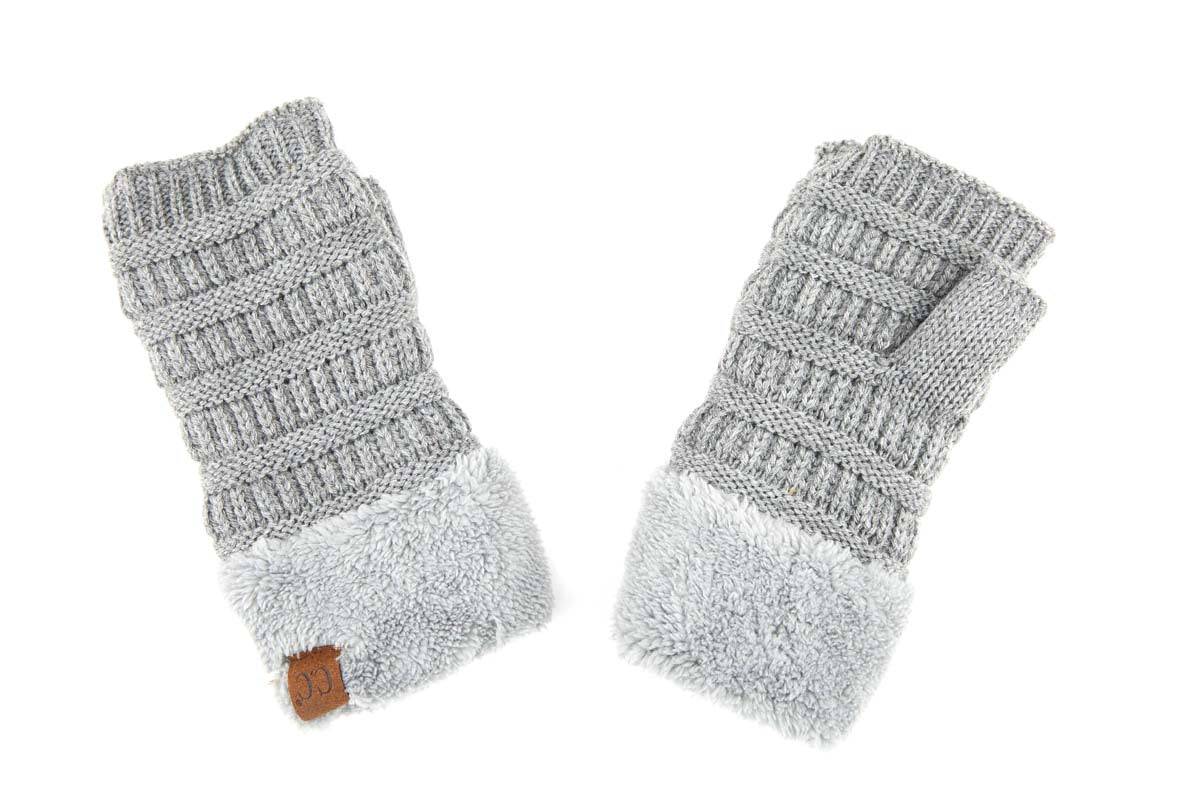 C.C Fingerless Gloves in various colors with faux fur lining, showcasing a stylish cable knit design.