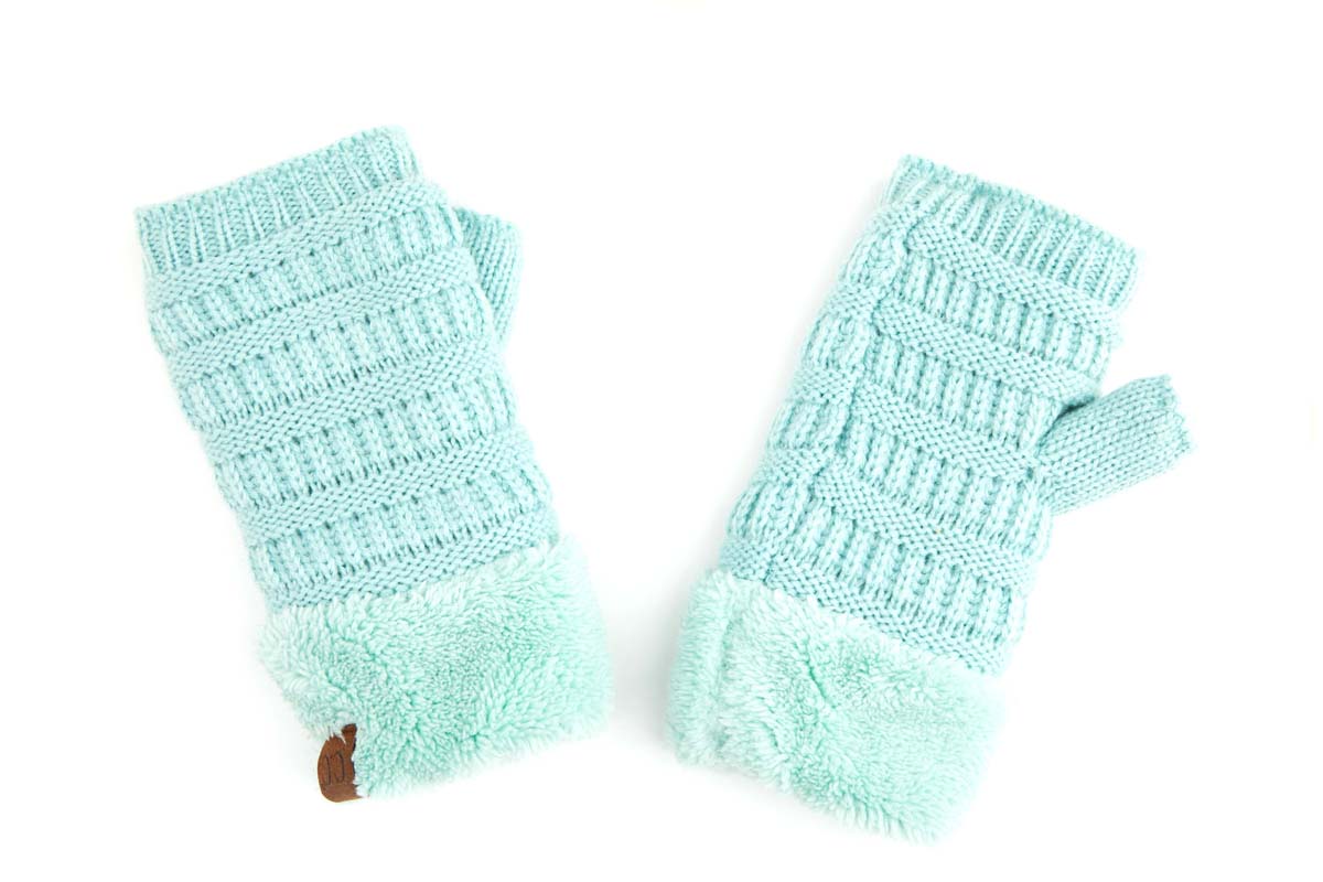 C.C Fingerless Gloves in various colors with faux fur lining, showcasing a stylish cable knit design.