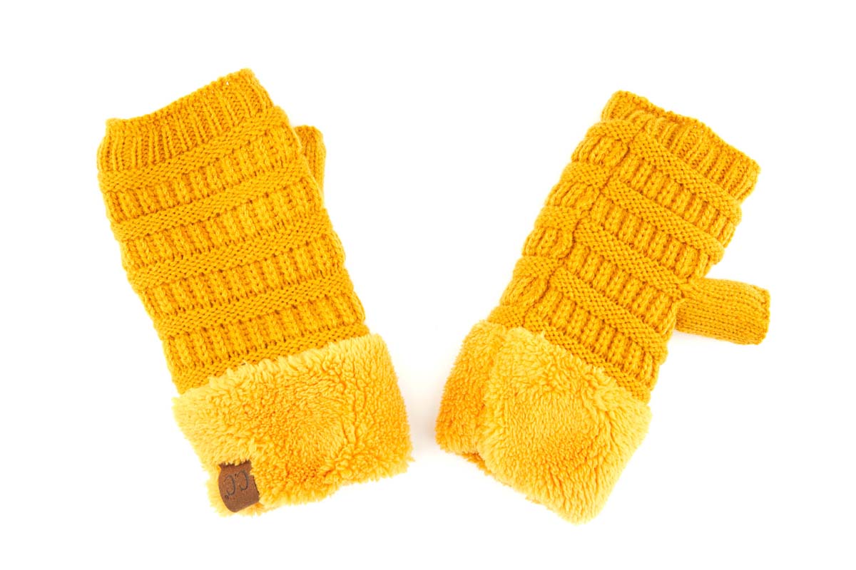 C.C Fingerless Gloves in various colors with faux fur lining, showcasing a stylish cable knit design.