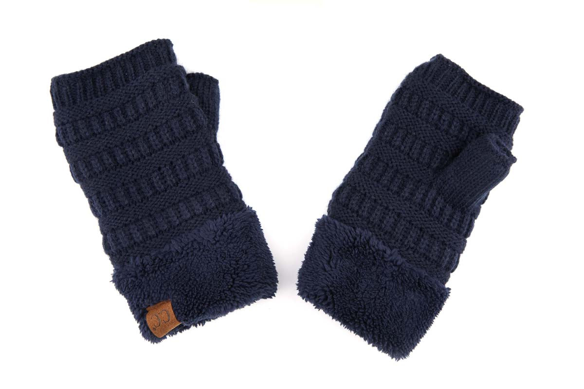 C.C Fingerless Gloves in various colors with faux fur lining, showcasing a stylish cable knit design.