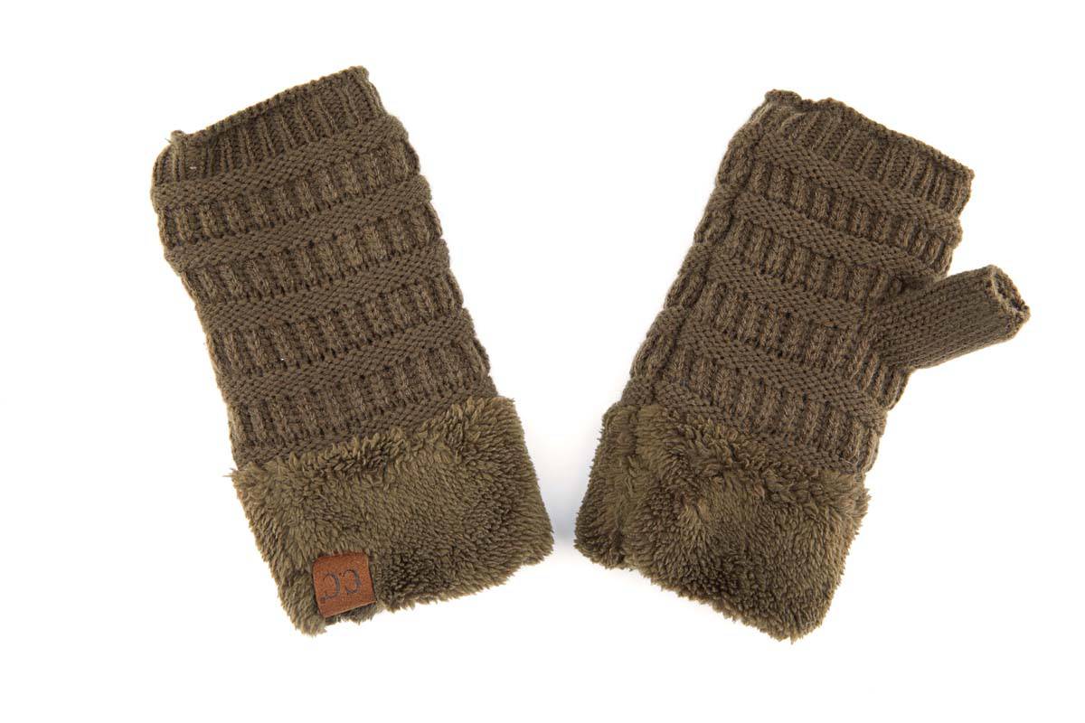 C.C Fingerless Gloves in various colors with faux fur lining, showcasing a stylish cable knit design.