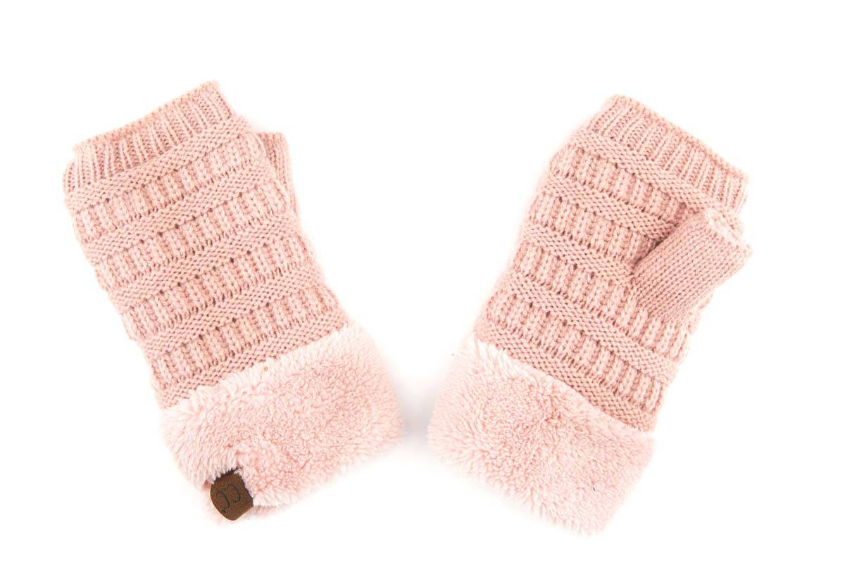 C.C Fingerless Gloves in various colors with faux fur lining, showcasing a stylish cable knit design.