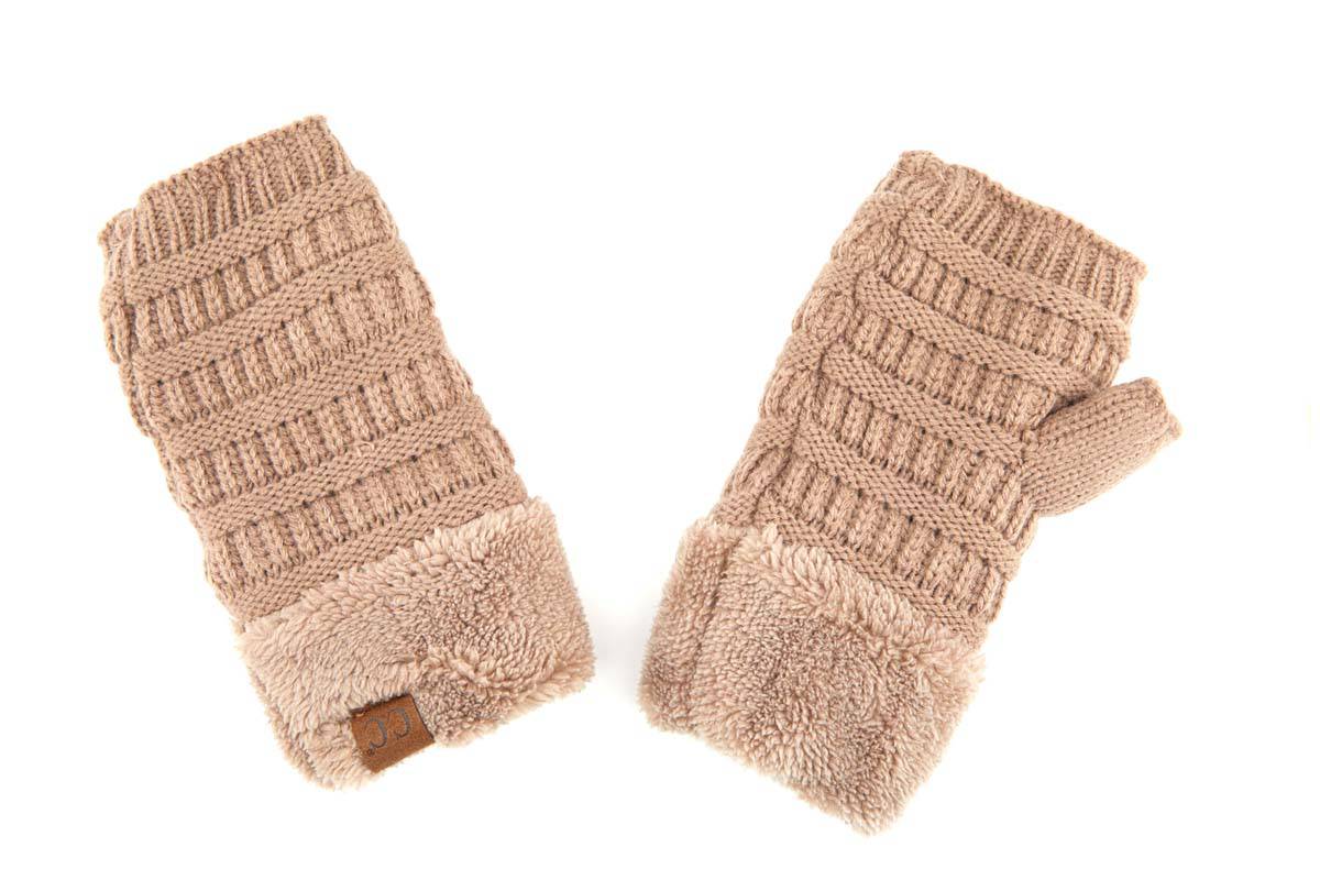 C.C Fingerless Gloves in various colors with faux fur lining, showcasing a stylish cable knit design.