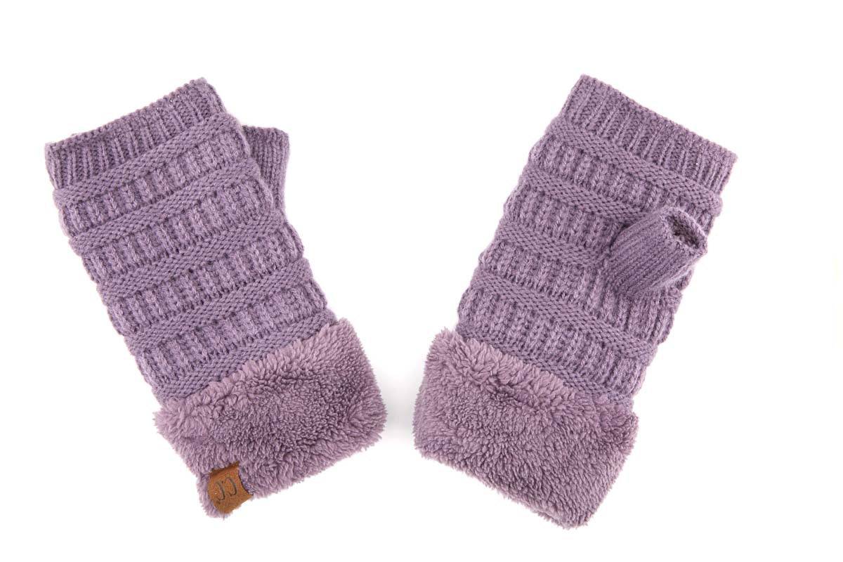 C.C Fingerless Gloves in various colors with faux fur lining, showcasing a stylish cable knit design.